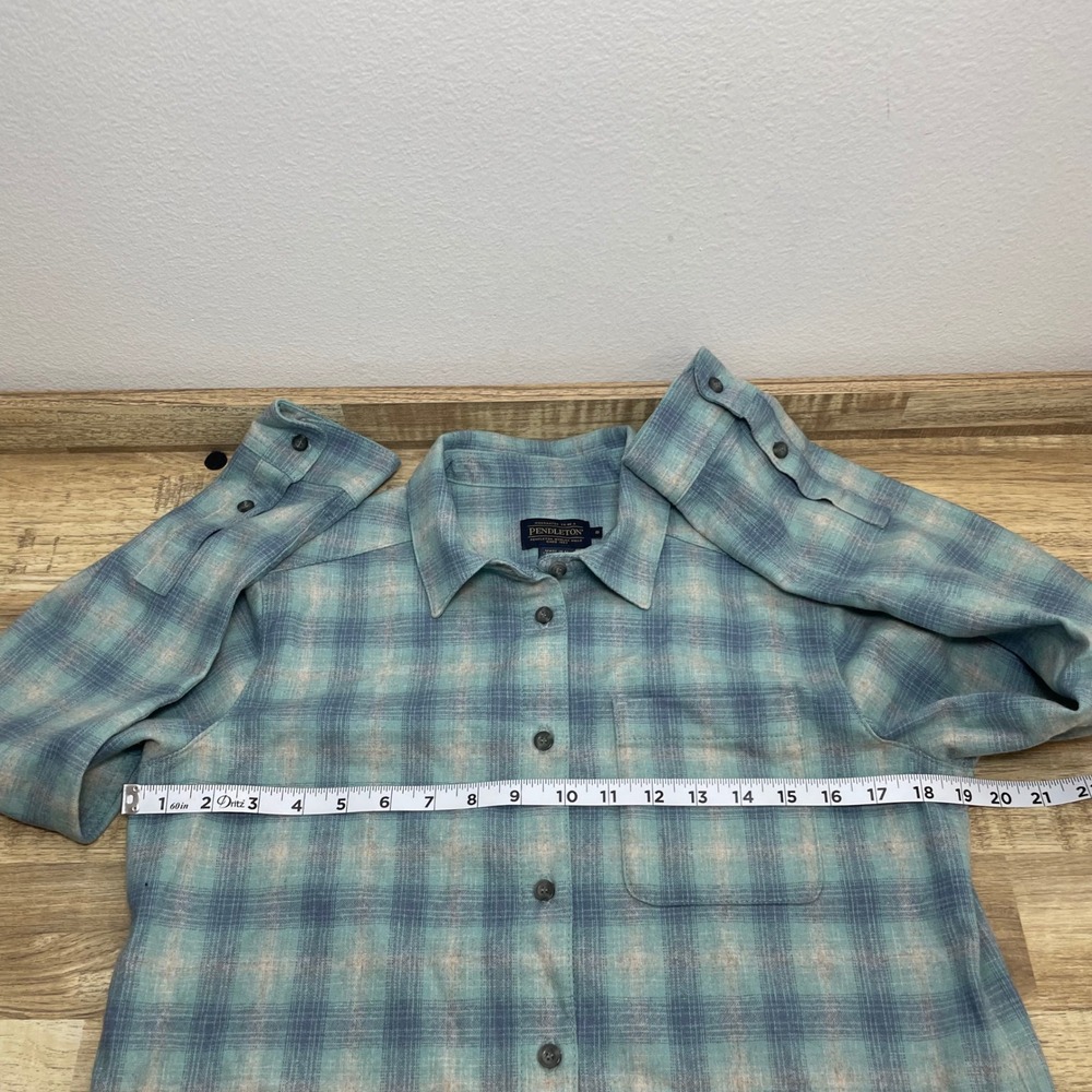 Pendleton Blue Teal Plaid 100% Virgin Wool Button Down Shirt Womens Small EUC - Picture 5 of 6